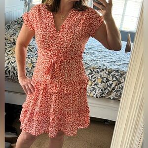 Orange Floral Cross v-Neck Tiered Dress